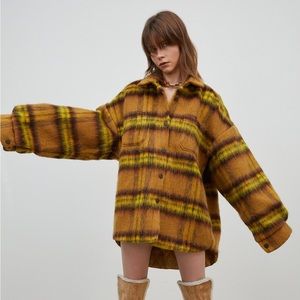 Checker Wool-Blend Oversized Shacket, Mustard - one size